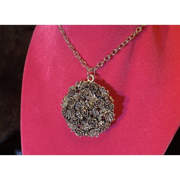 Modern Metal Necklace Pendant Tinted Roses and Rhinestones Hollow Inside - Picture 2 of 3